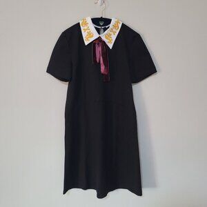 Zara Black Short Sleeve Dress with White Collar and Ribbon